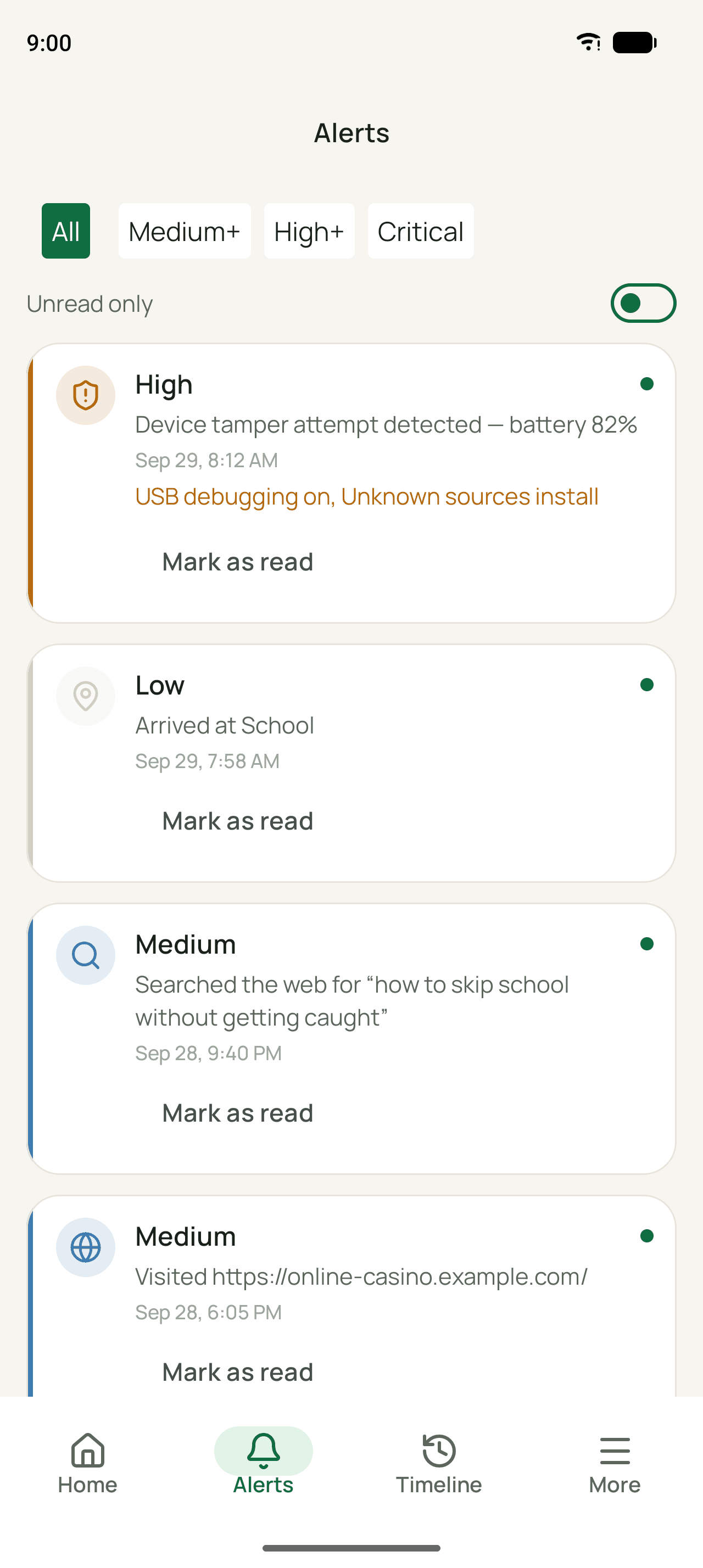 Wardenly parent app alerts feed with tamper, arrival and search alerts