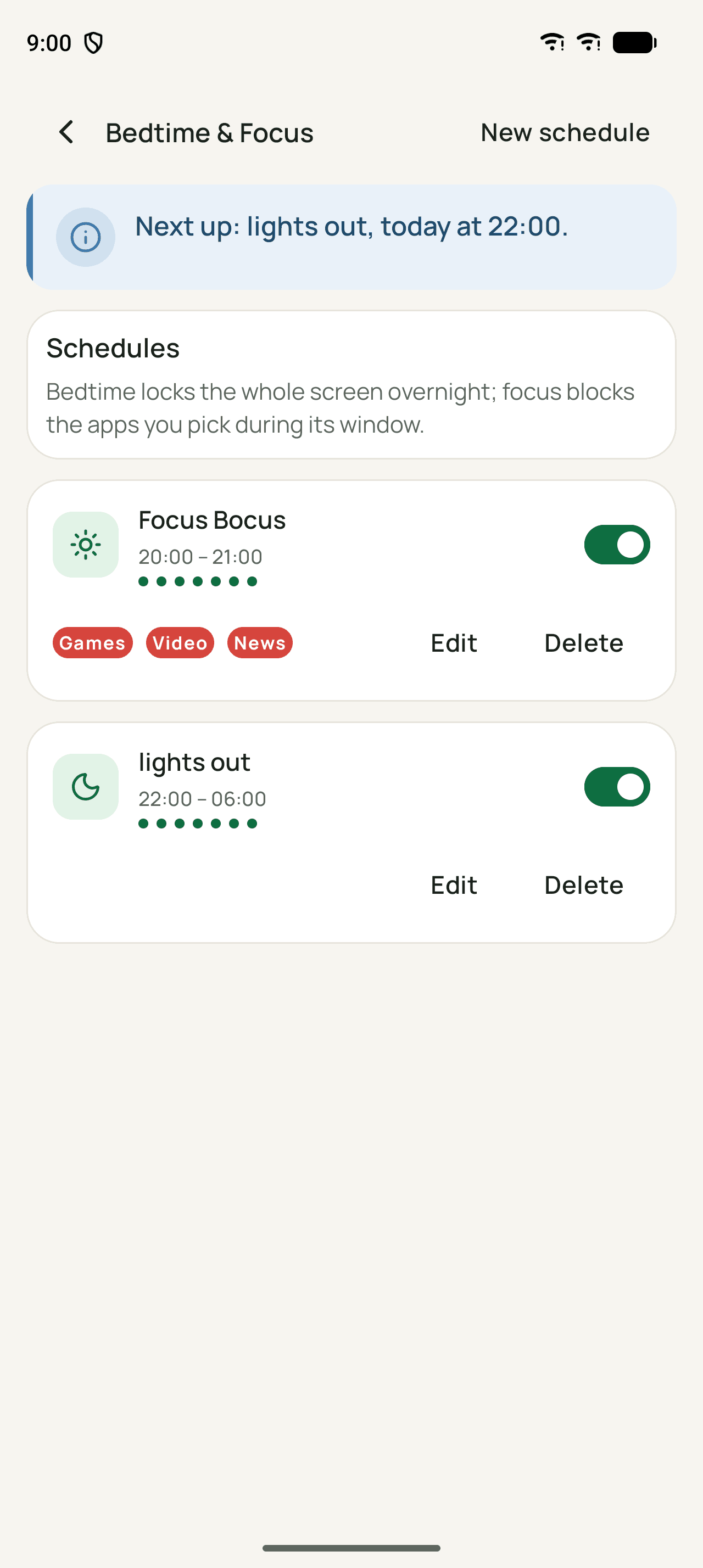 Wardenly parent app bedtime and focus schedules list